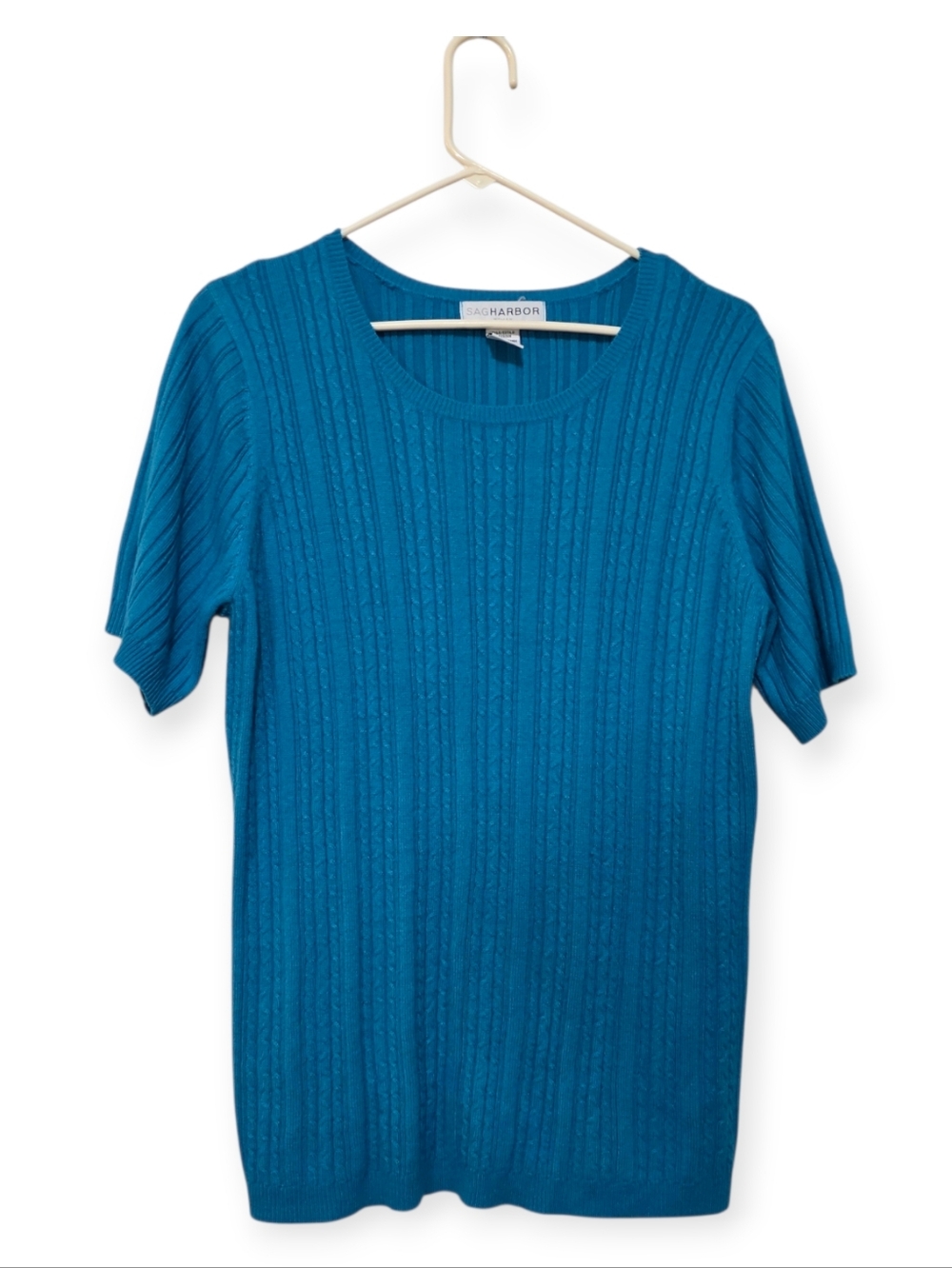 Sag Harbor Woman Teal Cable Knit Sweater Top Size 1X Short Sleeve Classic - Picture 2 of 4
